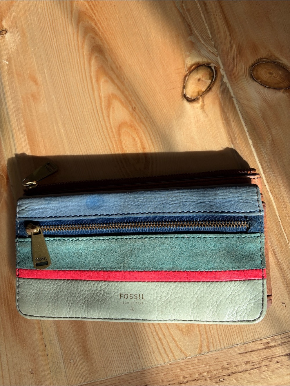 Fossil Preston Colorblock Zip Wallet in Blue, Teal & Pink Accent